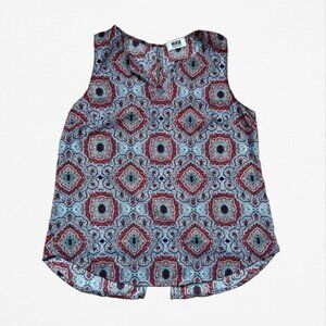 Blue and Red Sleeveless Top with Geometric Design